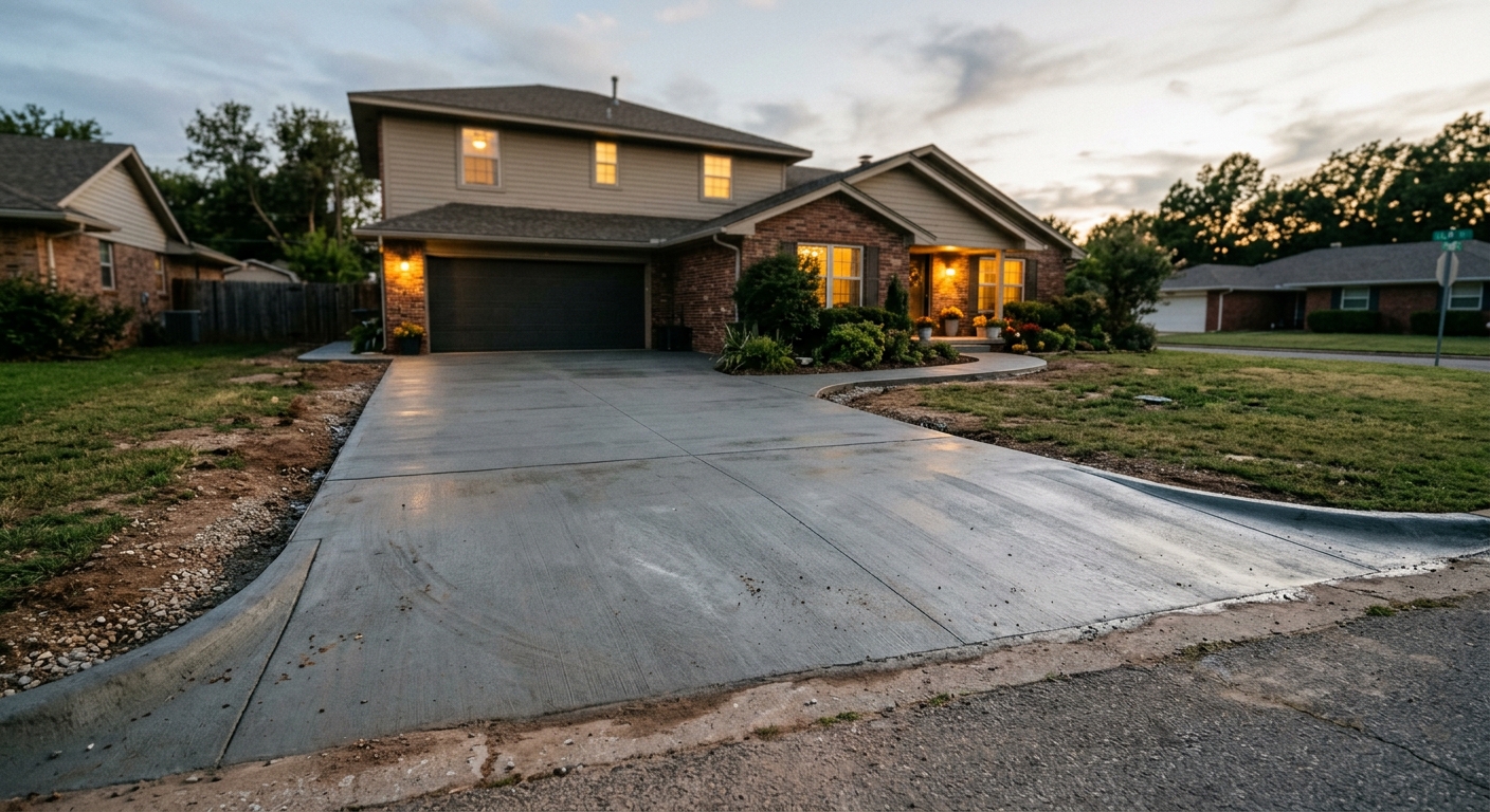 Freshly finished residential concrete driveway at an Oklahoma home