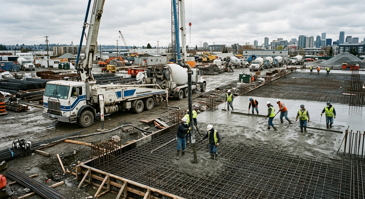 Large commercial concrete pour with a pump truck and crew